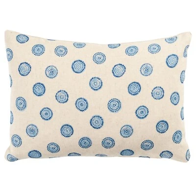 Flower Block Print Linen Blend Boudoir Cushion Cover in Cornflower Blue. 17x12" - Image 1 of 4