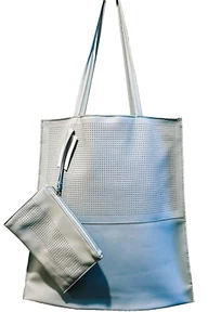 SAKS FIFTH AVENUE Powder Blue Faux Leather Shopper Handbag Tote bag + pouch NWT - Picture 1 of 12