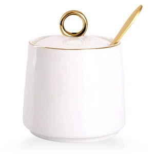 Ceramic Sugar Bowl with Lid and Spoon, Simple White Clear Porcelain Salt Bowl... - Picture 1 of 7