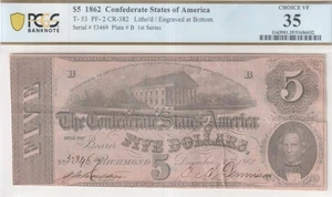 T-53 1862 $5 Confederate Money PF-2 PCGS VF35 On Nice Color Pink Bank Note Paper - Picture 1 of 5