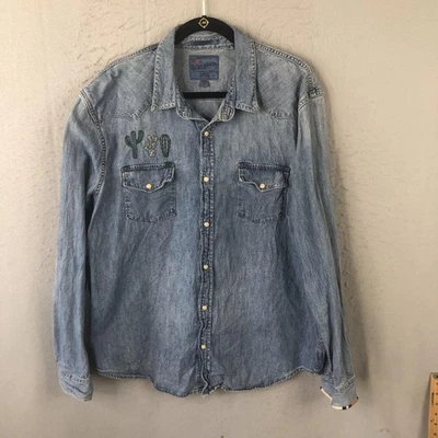 Camisa Denim Lucky Brand Para Hombres 2XL Azul Calce Clásico Bordado Western Snap Cactus Foto 1 de 4