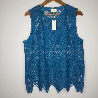 Deletta Anthro 女式蓝透明蕾丝扇贝衬衫 L 码女性波西米亚 — 第 1/4 张图片