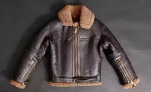 Men's RAF B3 Real Sheepskin Flying Leather Jacket Brown Aviator Bomber Coat - Picture 1 of 7