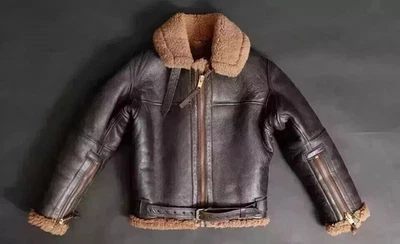 Men's RAF B3 Real Sheepskin Flying Leather Jacket Brown Aviator Bomber Coat - Image 1 of 4