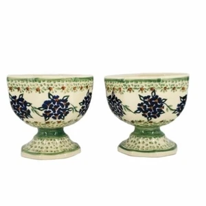 Manufaktura Bolelawiec Polish Art Pottery 2 Pedestal Compotes Hand Painted #105 - Picture 1 of 7