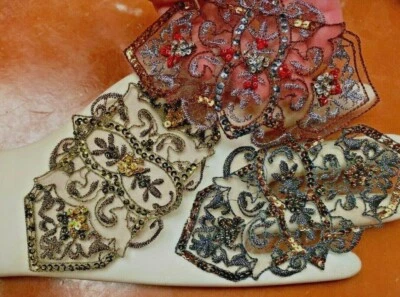 Aplique bordado transparente metálico cosido a mano 3x5,5" lentejuelas cuentas vidrio 1 pieza Foto 1 de 4