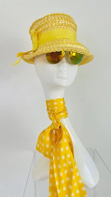 De colección Años 60 Damas Sombrero Amarillo Elegante Cinta de Pascua Pantalla Rodillo Cubo de Paja Foto 1 de 4