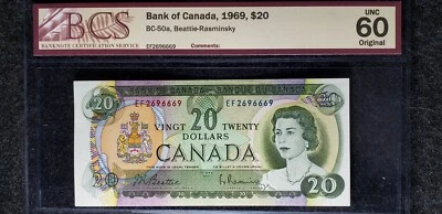 Bank of Canada 1969 $20 BC-50a Prefix EF Beattie-Rasminsky (SN:EF2696669) UNC60 - Image 1 of 2