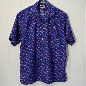 Rusty RS SURF Men's M Pink Flamingos Blue Hawaiian Camp Shirt Wood Buttons Aloha - Bild 1 von 9