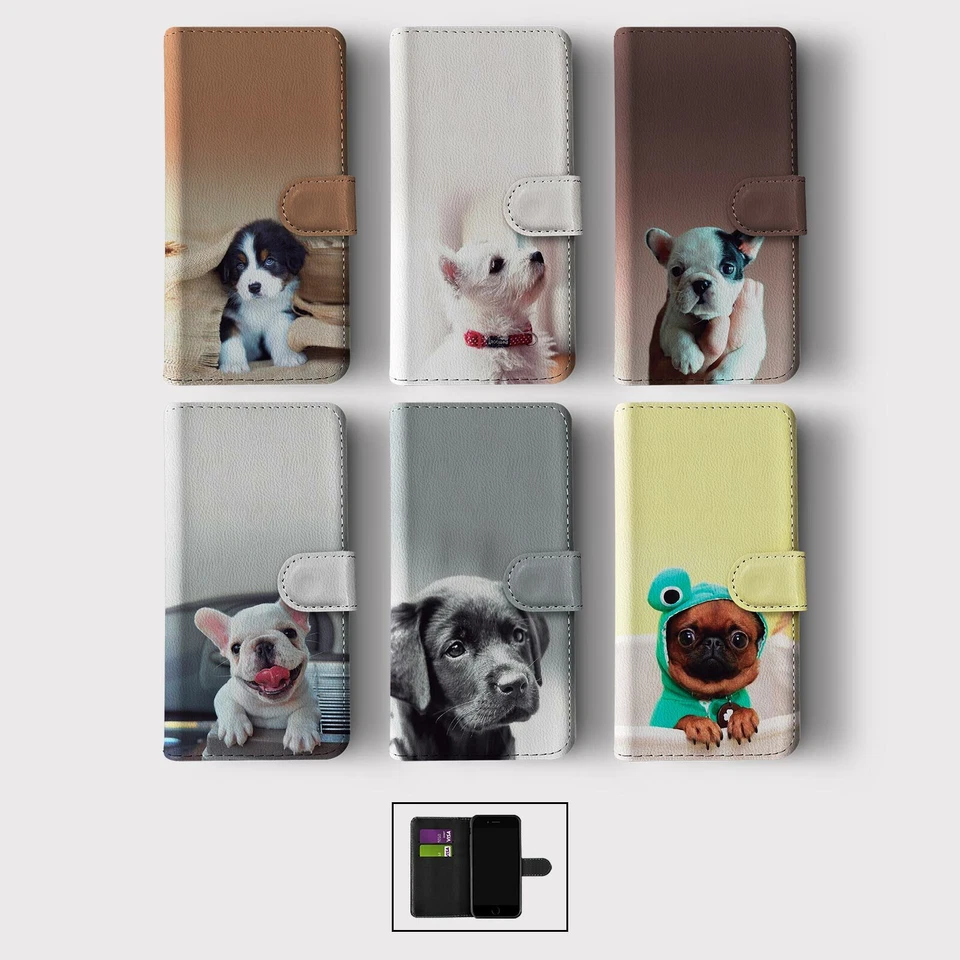 CASE FOR IPHONE 16 16E 15 14 12 12 PRO WALLET FLIP PHONE COVER PUPPY LITTLE DOGS - Image 1 of 1