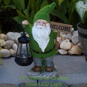 13" Welcome Garden Gnome Lantern Sculpture Decor Solar Power LED Light Green NIB - Picture 1 of 5