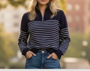 Neu ohne Etikett luxuriöser gestreifter Pullover 100 % Kaschmir Viertelreißverschluss marineblau/weiß XS - Bild 1 von 10