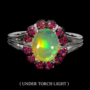 925 Sterling Silver Ring Oval Fire Opal 9x7mm Ruby Diamond Cut Gemstone Size 7 - Picture 1 of 13