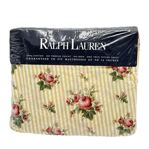 VTG Ralph Lauren Twin Fitted Sheet Sophie Floral Yellow Stripe T200 Cotton Roses - Picture 1 of 8