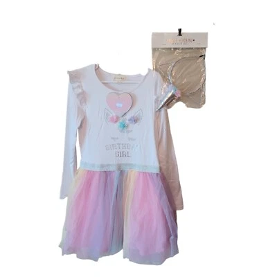 Btween Tulle Party Dress 7 Girls Unicorn "BIRTHDAY GIRL"  Bonus Headband Pink - Image 1 of 4