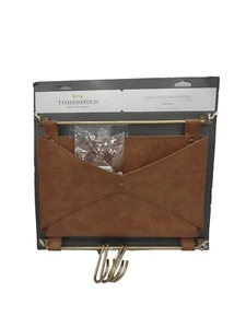 Threshold Mail Pouch with Hooks Entryway Faux Brown Leather Metal Keys and Mail - Picture 1 of 4