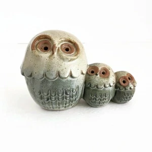 3 Owl Figurine Glazed Stoneware 4.5in Art Pottery Vintage Mid Century - Picture 1 of 12