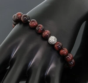 David Yurman Mens 8mm Red Tigers Eye Silver Wave Spiritual Beads Bracelet 8" - Picture 1 of 4