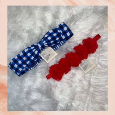 Conjunto de diademas elásticas rojas florales azules y blancas de guinga infantil talla única Foto 1 de 4