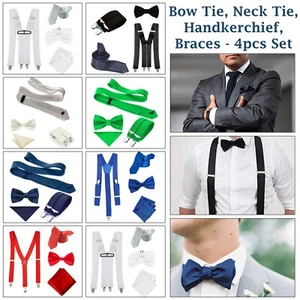 Mens Neck Tie Bow Tie Pocket Square Handkerchief & Suspenders Braces 4pcs Set - Picture 1 of 30