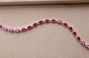 14K White Gold Plated Simulated Pink Ruby 5.0Ct Oval Cut Women's Tennis Bracelet - Picture 1 of 5