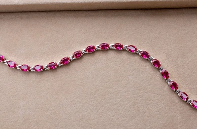 14K White Gold Plated Simulated Pink Ruby 5.0Ct Oval Cut Women's Tennis Bracelet - Image 1 of 4