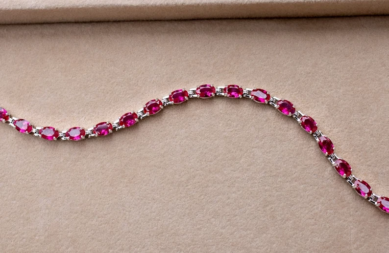 14K White Gold Plated Simulated Pink Ruby 5.0Ct Oval Cut Women's Tennis Bracelet - Image 1 of 4
