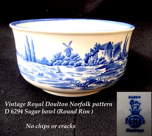 Vintage Royal Doulton Blue & White NORFOLK Pattern D6294 round Sugar Bowl - Picture 1 of 7