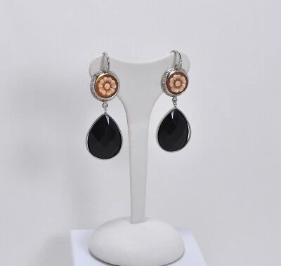 ORECCHINI IN ARGENTO 925 CON ZIRCONI CAMMEI CORNEOLA FIORE GOCCE ONICE AGHT 0343 - Immagine 1 di 3