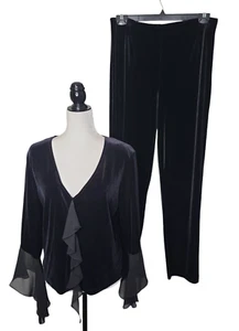 Vintage Dressbarn Collection Women's Pants Suit Size 12 Velour Black Side Zip - Picture 1 of 18
