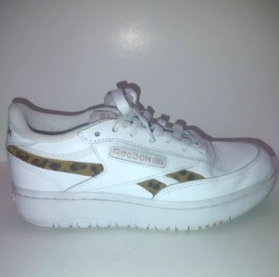 Reebok Womens 8 Classic White  Brown Leopard Animal Print Shoes Sneaker Low Top - Image 1 of 4