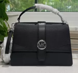 MICHAEL KORS GREENWICH MEDIUM FLAP SATCHEL SHOULDER BAG MK BLACK LEATHER SILVER - Picture 1 of 14