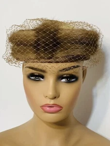 VTG Mink Pillbox Hat Velvet Bows Veil Net Brown 50s 60s Fascinator Union Made - Picture 1 of 13