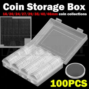 100pcs Coin Storage Box Case Capsules Holder Clear Plastic Round 20MM 27mm 46mm - Picture 1 of 12