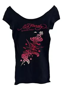 Y2K Vintage Ed Hardy Damen T-Shirt schwarz "Death Before Dishonor" Tattoo Art S - Bild 1 von 7