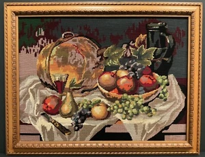 Vintage Framed Royal Paris Still Life with Fruits Needlepoint Tapestry Canvas - Picture 1 of 12