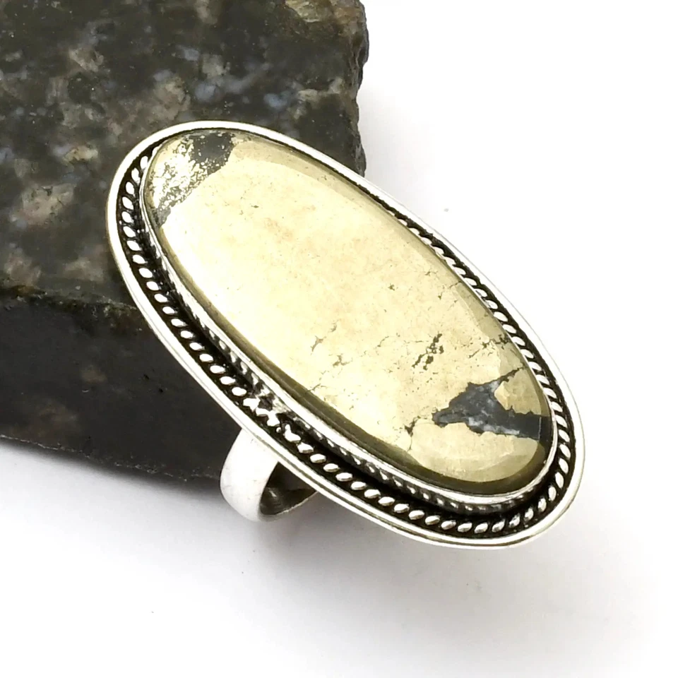 Joia anel feita à mão de pedra preciosa pirita Apache para ano novo tamanho EUA-8,75 AR 40176 - Imagem 1 de 1