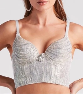 NWT Windsor Rhinestone Jeweled Bustier Crop Top Sexy Corset Bra Silver Sz Small - Picture 1 of 16