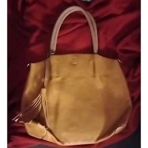 Kamel-hellbraune große Ledertasche/Geldbörse mit Seil - geflochtene Griffe & Quaste, gebraucht, in einwandfreiem Zustand - Bild 1 von 1