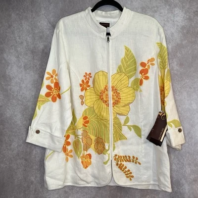 Новый с Ярлыками несколько цветочный вышитый блестками полный молнии 100% льняной блейзер размер 1 X - Изображение 1 из 4