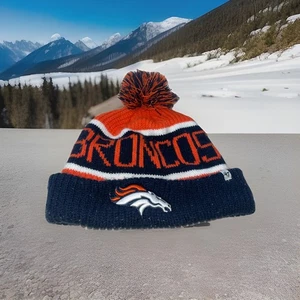Denver Broncos NFL Football Winter Knit Pom Hat Beanie Navy Blue Orange and Logo - Picture 1 of 24