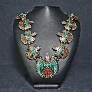Rare Silver & Turquoise Peyote Bird Style Native American Squash Necklace - Picture 1 of 7