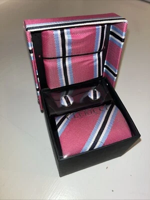 Juego de corbatas Repp rosa y azul con gemelos a juego y rayas cuadradas de bolsillo Foto 1 de 4