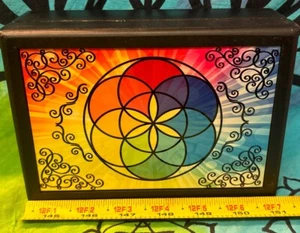 Wooden Lined tarot card box with Seed Of Life With Chakra Tones ￼ - Picture 1 of 5