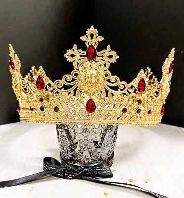 Coroa de Leão Rei Dourado, Peça de Cabeça de Casamento Príncipe, Coroa de Cristal Vermelho para Padeiros - Imagem 1 de 4