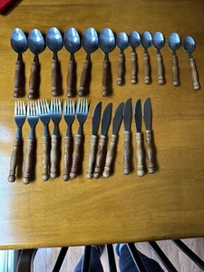 Vtg 6 Setting Lifetime Cutlery Old Homestead Wood Handle Stainless Flatware - Picture 1 of 1