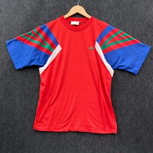 Vintage Adidas T-Shirt Mens Small Red Blue Green Geometric Sleeve Striped 90s - Picture 1 of 10