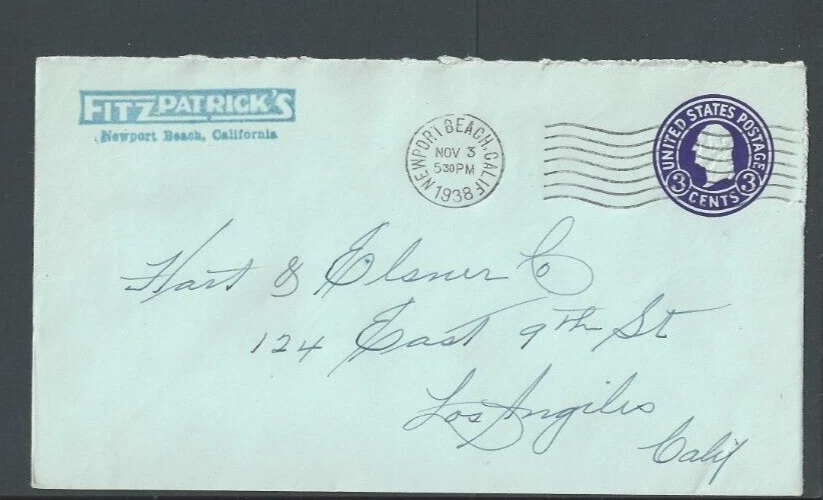 1938 Newport Beach CA 3c Purple Entire On Blue Cover - Image 1 of 1