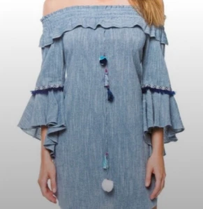 Vestido Misa Los Angeles Vanessa Hombro Descubierto Campana Volantes Manga Boho Mediano - Imagen 1 de 12