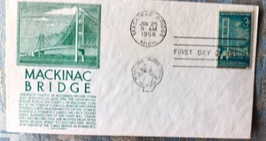 MACKINAC STRAITS BRIDGE OPENING MICHIGAN 1958 BLUE GREEN ANDERSON CACHET FDC UN - Picture 1 of 1